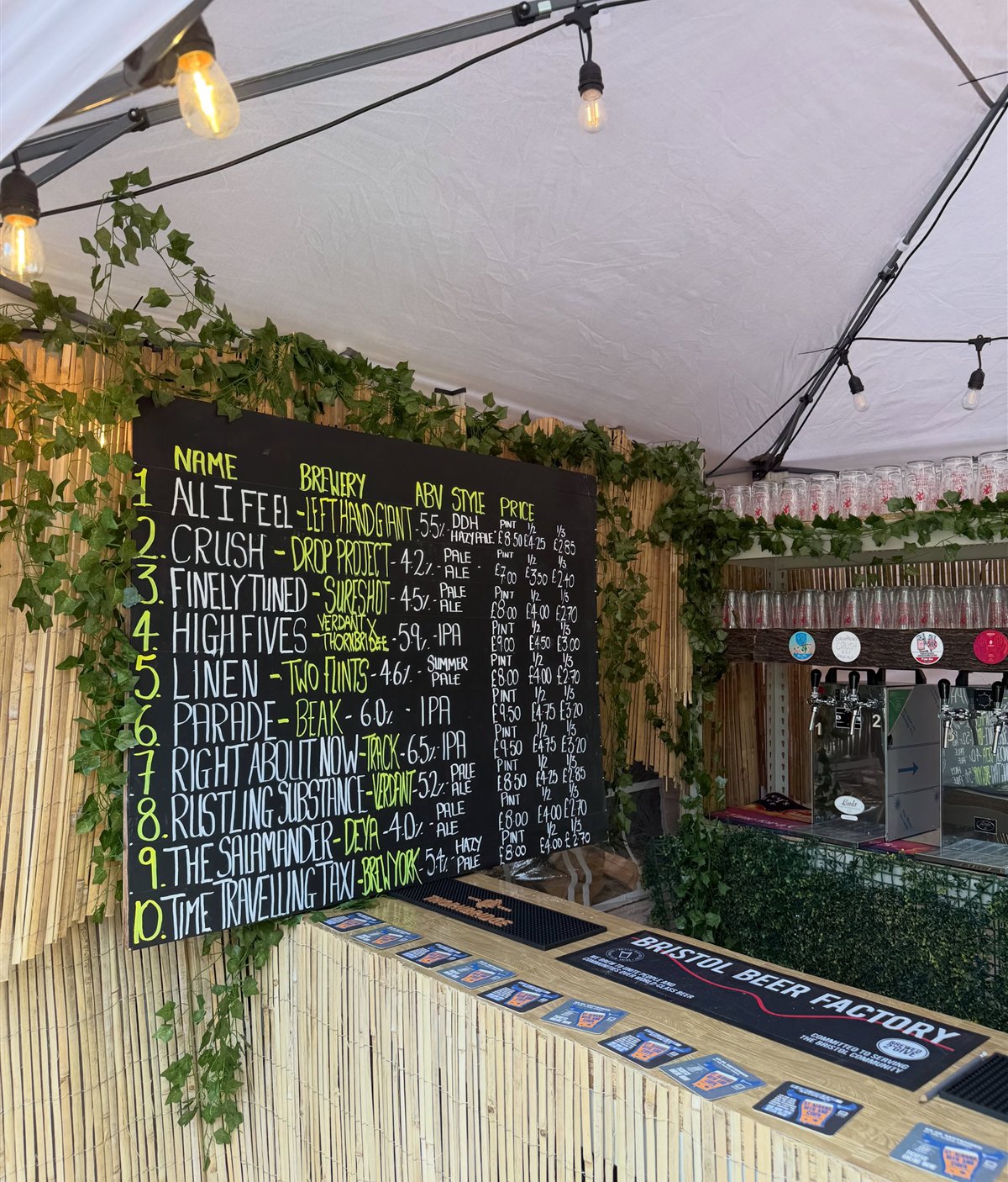 A craft beer board under festoon lights