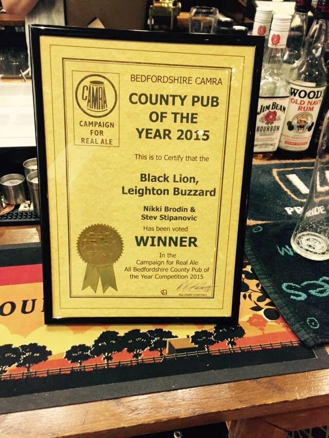 Bedfordshire CAMRA County Pub of the Year 2015 certificate