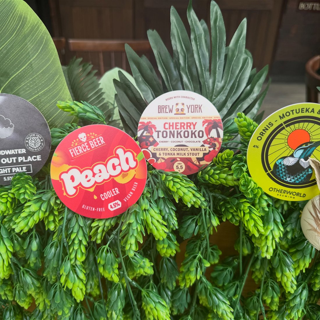 Pump clips among tropical leaves for Hops in the Tropics